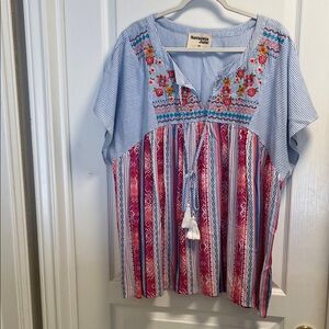 Savanna Jane Blue and Pink Embroidered Blouse